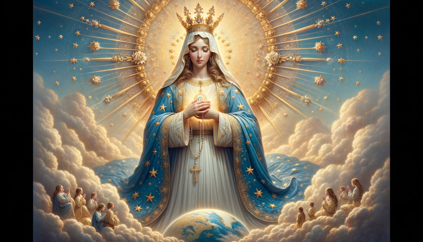 Nossa Senhora como Rainha celestial, coroada e radiante, com rosário nas mãos. Fiéis em oração aos seus pés, ilustrando a devoção da oração Salve Rainha.