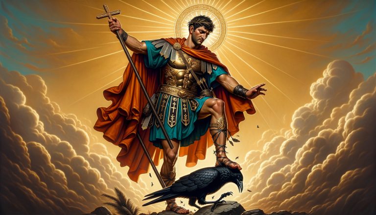 Santo Expedito em pose heroica, vestido como um soldado romano, pisando em um corvo negro. Ele segura uma cruz em uma mão e uma palma em outra. Ao fundo, um céu dourado com raios de luz. Estilo realista e inspirador