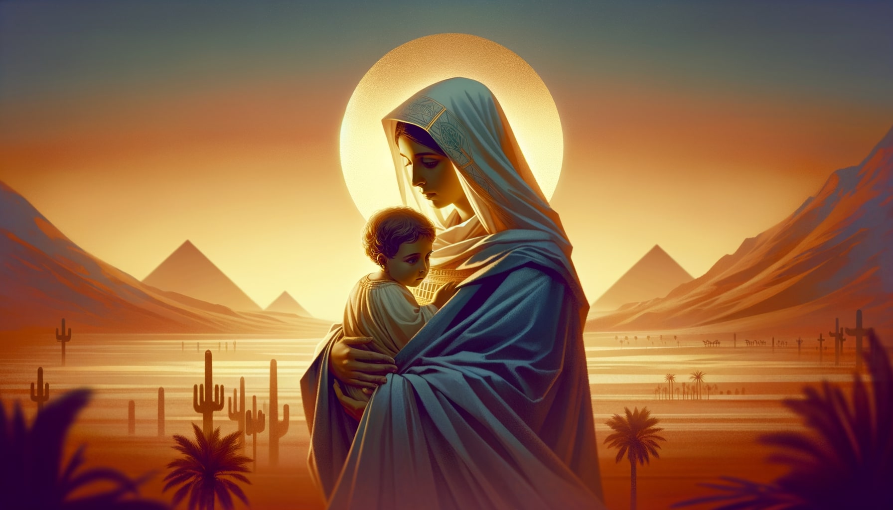 Uma imagem serena e comovente de Nossa Senhora do Desterro, vestida com manto azul e véu branco, carregando o Menino Jesus em seus braços.