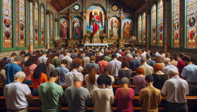 fiéis brasileiros em uma igreja se unindo em oração buscando a intercessão pro meio da quaresma de são miguel arcanjo