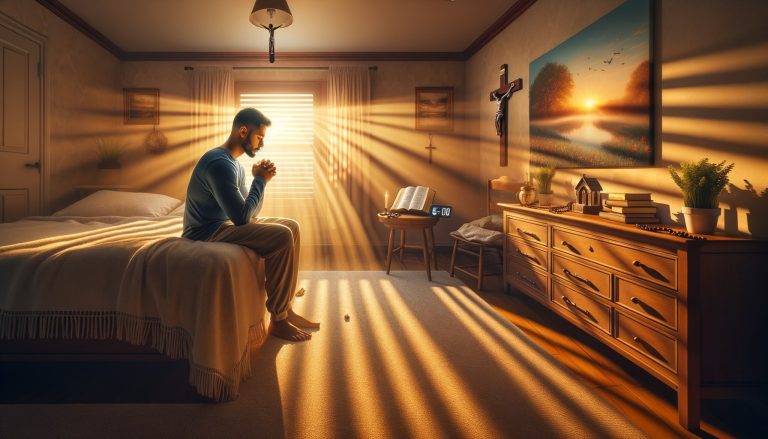 homem meditando em sua cama a oração da manhã