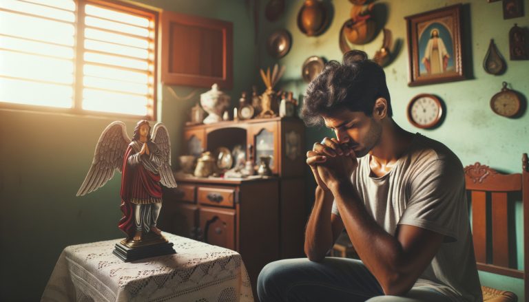 uma pessoa de classe média no brasil fazendo a oração de sao miguel arcanjo