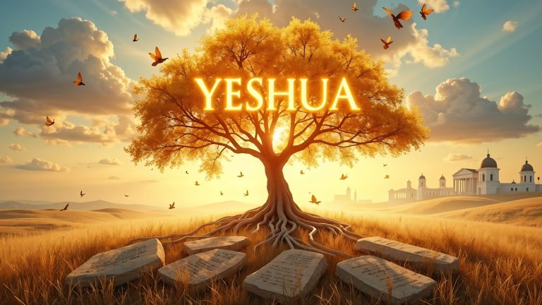 Árvore da vida luminosa em prado ensolarado simbolizando a Etimologia de YESHUA em galhos dourados e pergaminhos flutuantes.