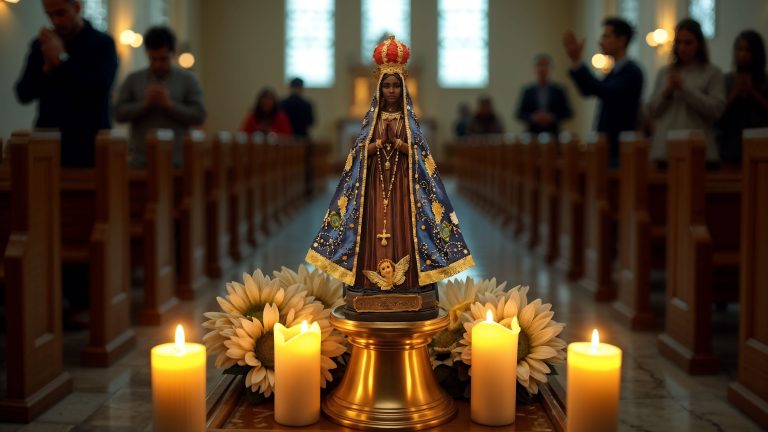 Estatua prepara para a Oração Nossa Senhora Aparecida iluminada em igreja com velas flores e fieis orando