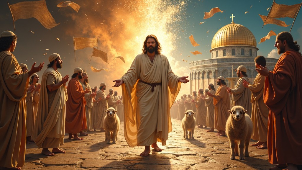Imagem dividida: Páscoa antiga e Jerusalém futura, unidas por figura simbolizando a Etimologia de Yeshua. Símbolos proféticos ao redor.