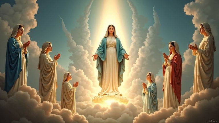 Montagem de todas as aparições de Nossa Senhora ao redor de uma imagem central de Maria