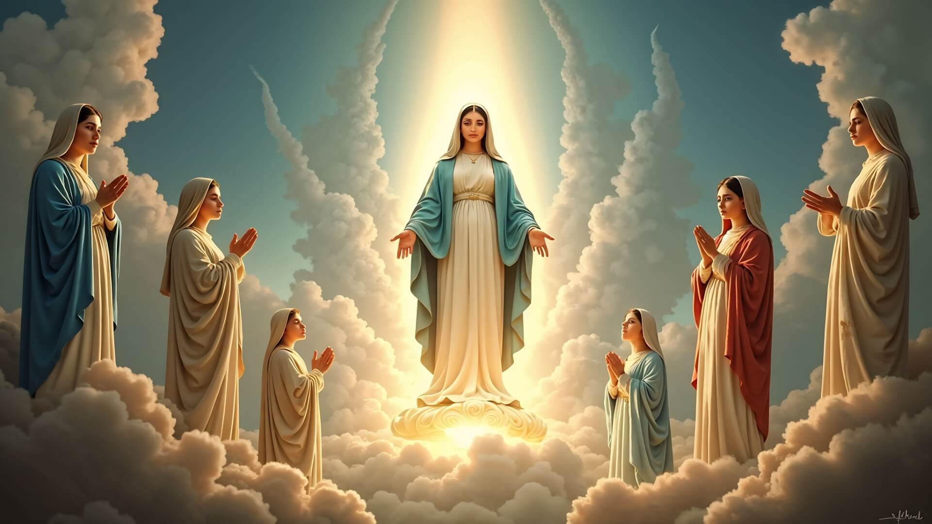 Montagem de todas as aparições de Nossa Senhora ao redor de uma imagem central de Maria