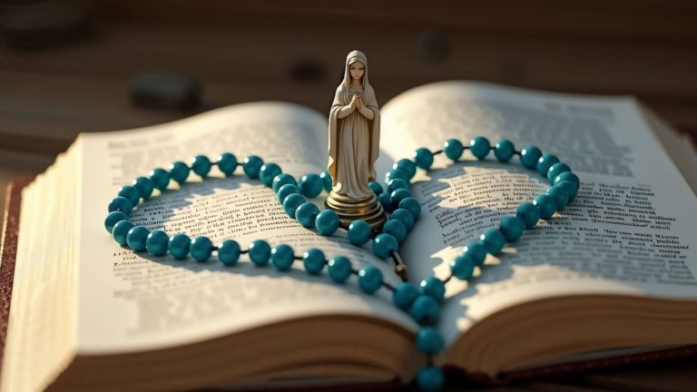 Terço de Nossa Senhora de Fátima sobre Bíblia aberta formando um coração