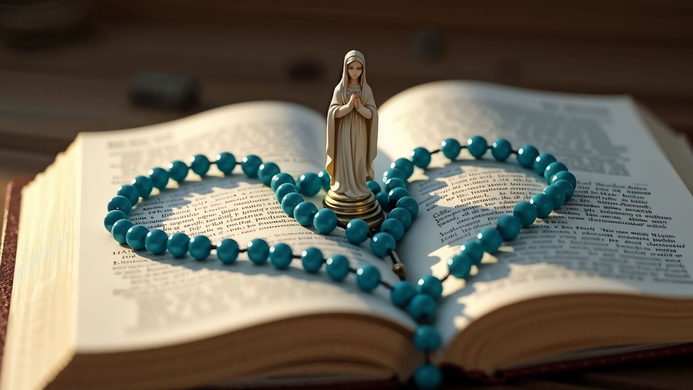 Terço de Nossa Senhora de Fátima sobre Bíblia aberta formando um coração
