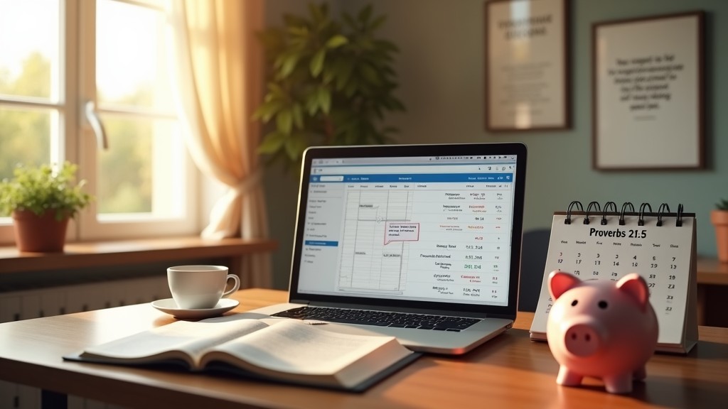 Bíblia aberta laptop com planilha financeira e cofrinho ilustrando planejamento