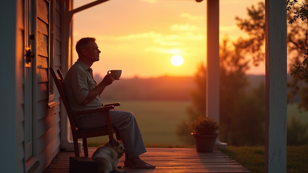 Pessoa serena em varanda simples contemplando pôr do sol contentamento