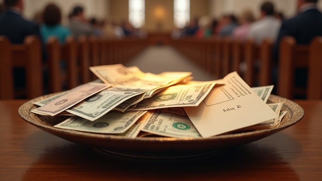 Prato de ofertas com dinheiro em banco de igreja simbolizando dízimo