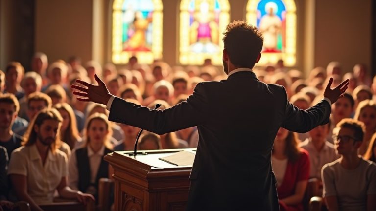 O que são sermões? Pregador proferindo sermão para congregação diversificada em igreja