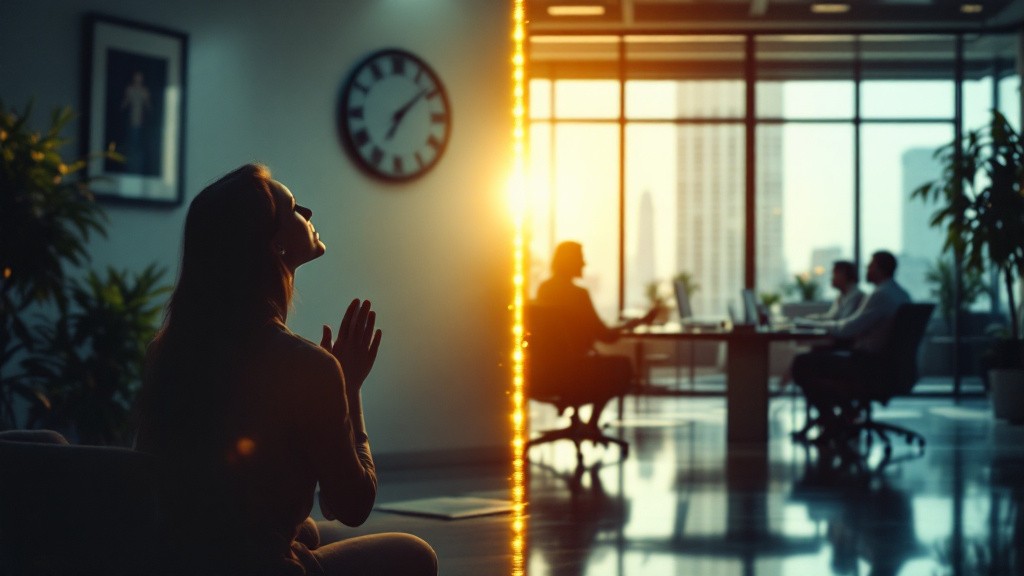 Cena dividida mostrando oração na igreja e reunião de negócios
