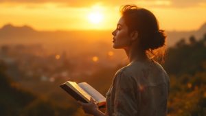 Pessoa com Bíblia contemplando cidade próspera ao nascer do sol