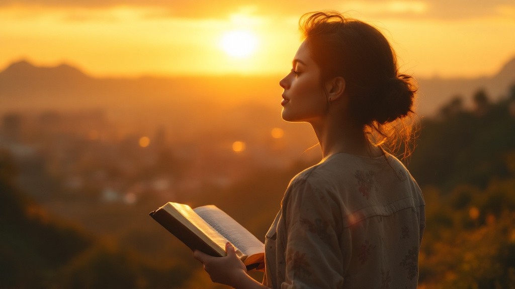 Pessoa com Bíblia contemplando cidade próspera ao nascer do sol
