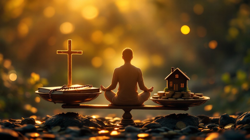 Pessoa meditando sobre balança com símbolos religiosos e de riqueza