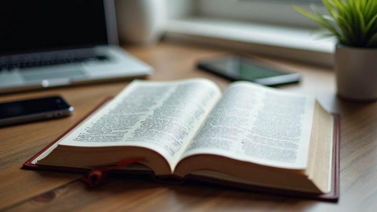 Biblia aberta ao lado de dispositivos modernos em estudo biblico contemporaneo
