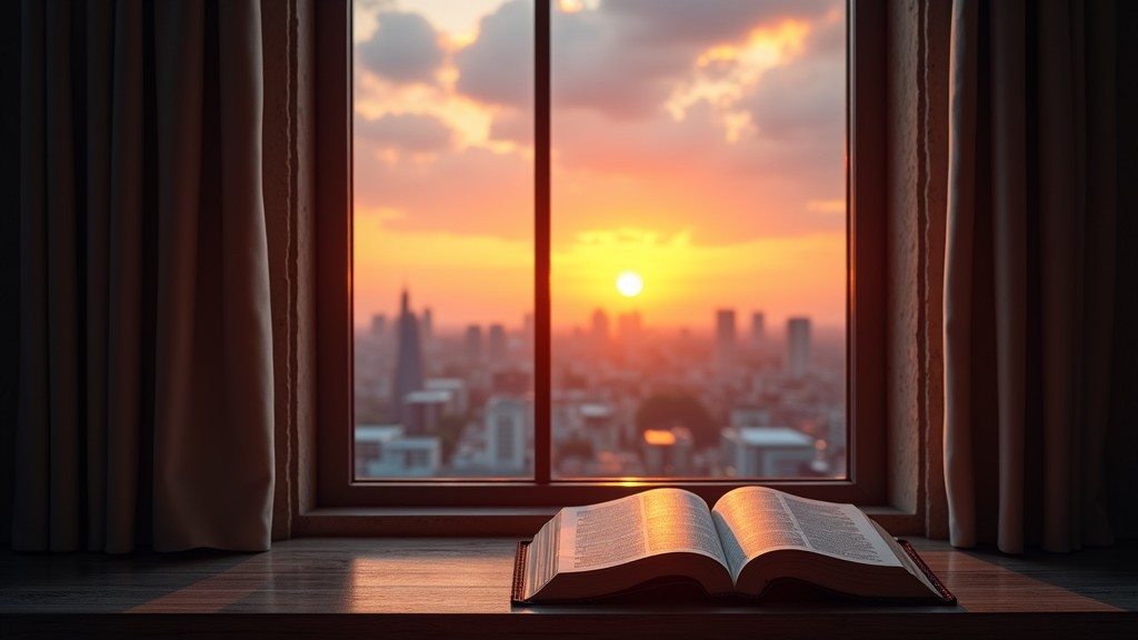 Biblia aberta com vista para cidade moderna atraves de vitral de igreja