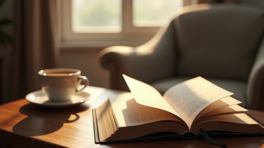 Canto acolhedor para estudo bíblico com Bíblia aberta e café