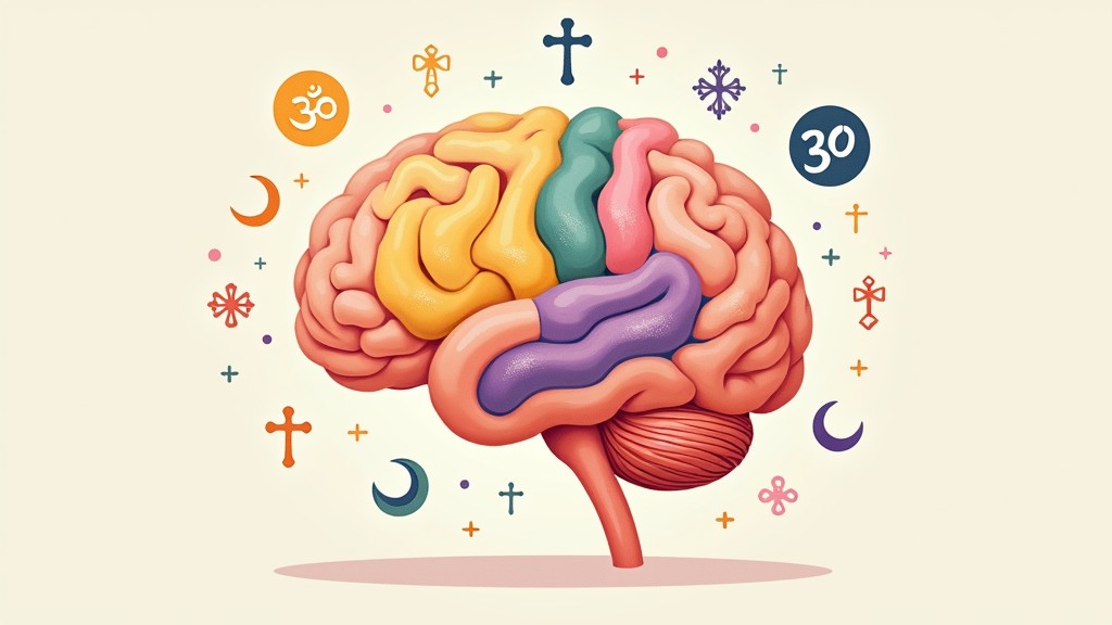 Ilustração cérebro humano símbolos religiosos neurociência da fé