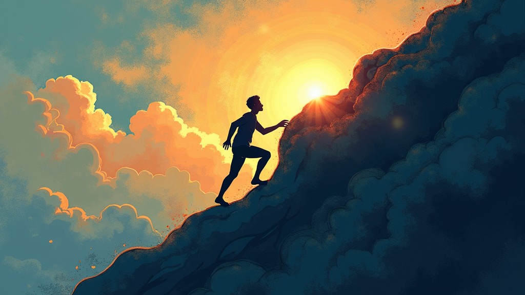Ilustração pessoa escalando montanha desafios guiada pela fé