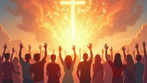 Ilustração poder da fé unindo pessoas diversas sob luz celestial