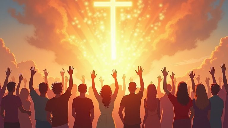 Ilustração poder da fé unindo pessoas diversas sob luz celestial