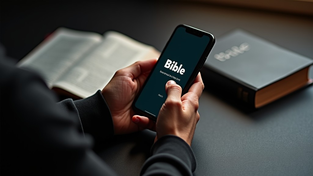 Maos segurando smartphone com aplicativo biblico e biblia fisica ao lado simbolizando estudos bíblicos