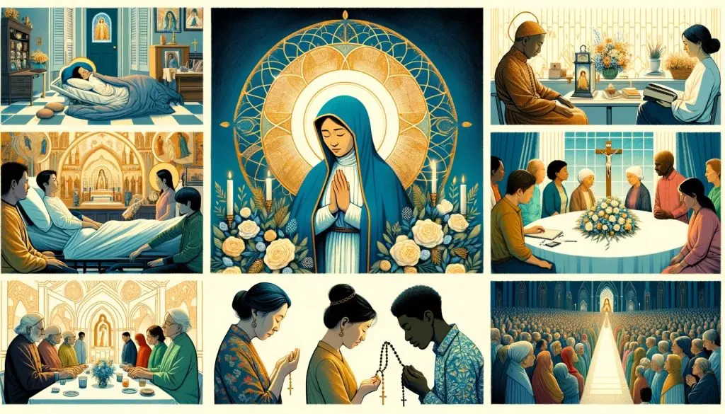 Colagem de cenas inspiradoras: cura, família em oração, meditação e procissão. Nossa Senhora ao centro, ilustrando o poder da oração Salve Rainha.