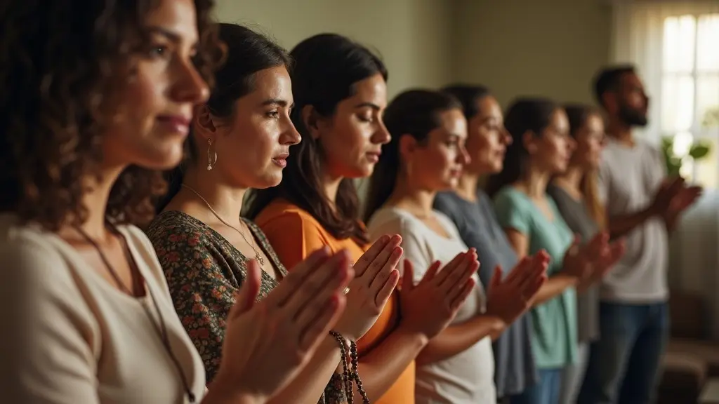 Grupo diverso em oracao com imagens de Nossa Senhora Aparecida e tercos