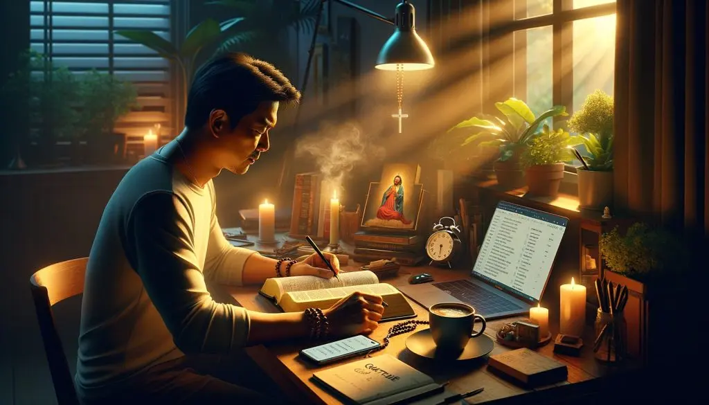Pessoa sentada à mesa de trabalho ao amanhecer, com altar de oração à esquerda e laptop à direita.