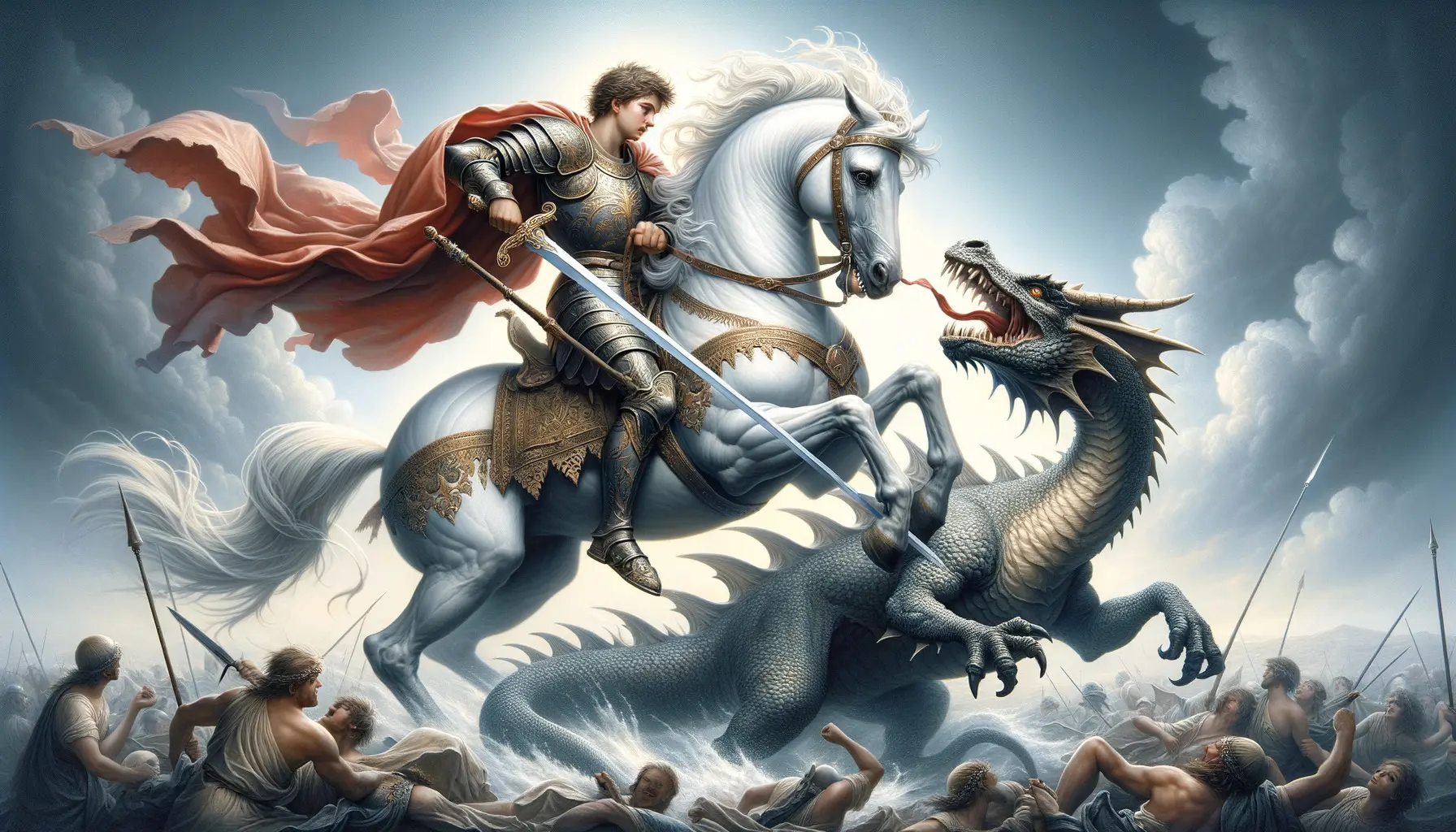oração a São Jorge guerreiro montando um cavalo branco enquanto mata um dragão com sua espada