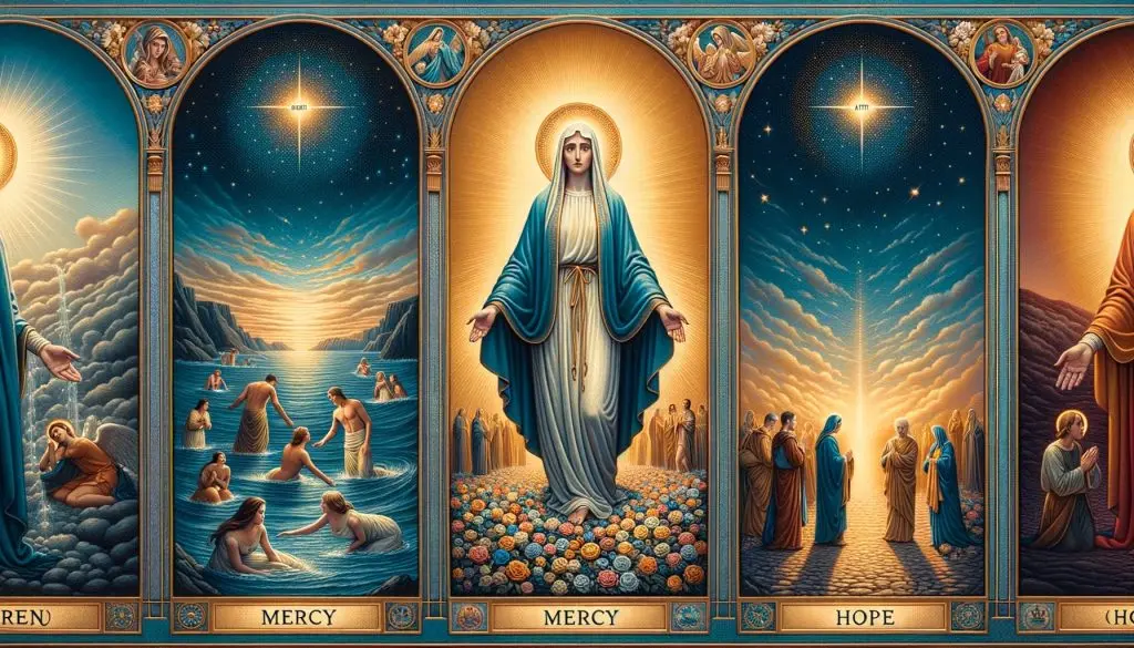 Tríptico da oração Salve Rainha: Maria ao centro, cenas de misericórdia e esperança aos lados. Simboliza as virtudes da Virgem na devoção católica.