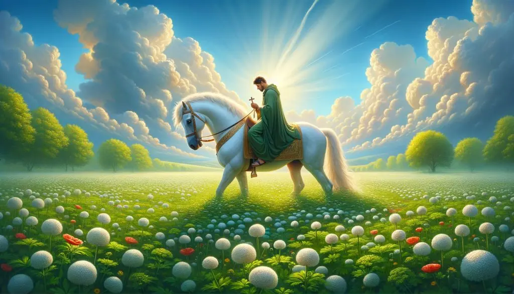 Sao Jorge Guerreiro rezando em um lindo campo montado em seu cavalo branco.
