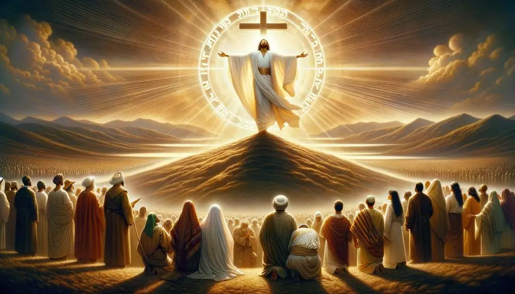 Figura radiante de Yeshua com braços abertos cruz ao fundo e pessoas diversas ajoelhadas