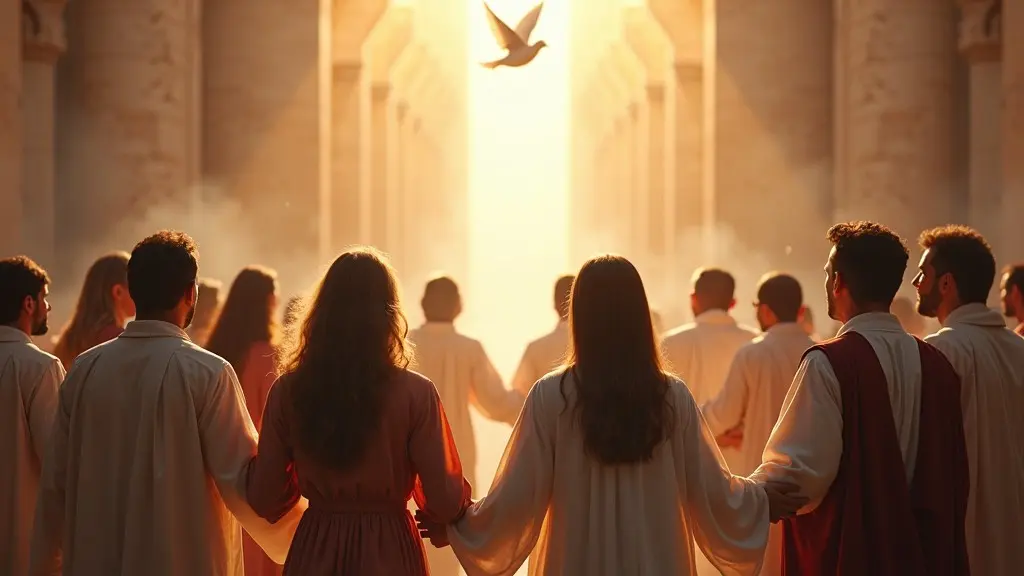 Grupo diverso em oração circular, unidos por pilar de luz. Expressões de fé em rostos de diferentes culturas.