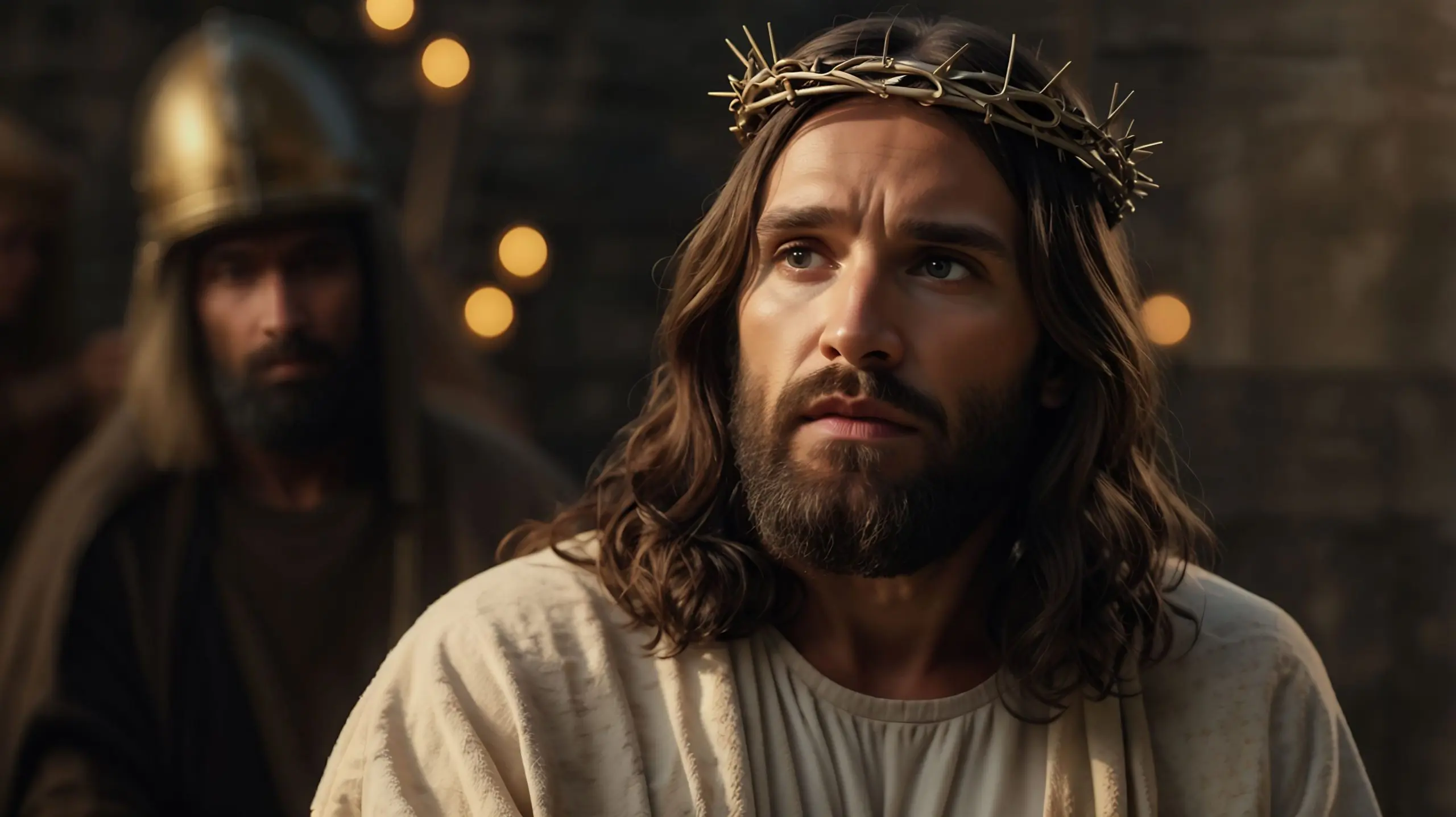 Retrato de Yeshua com coroa dourada, cabelos longos e barba, olhar sério, cruz branca e luzes desfocadas ao fundo.