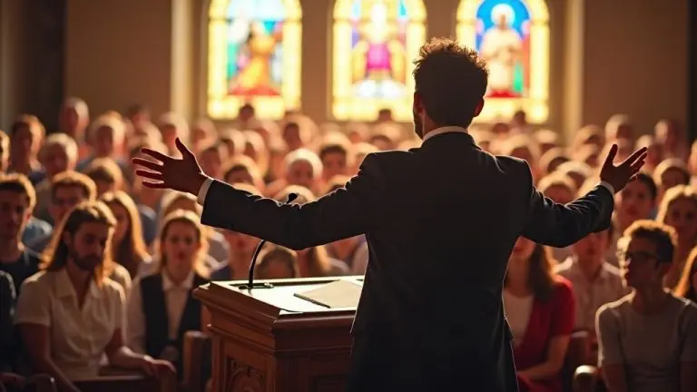O que são sermões? Pregador proferindo sermão para congregação diversificada em igreja