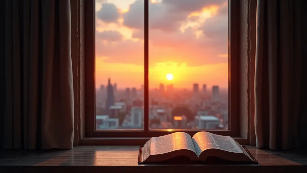Biblia aberta com vista para cidade moderna atraves de vitral de igreja
