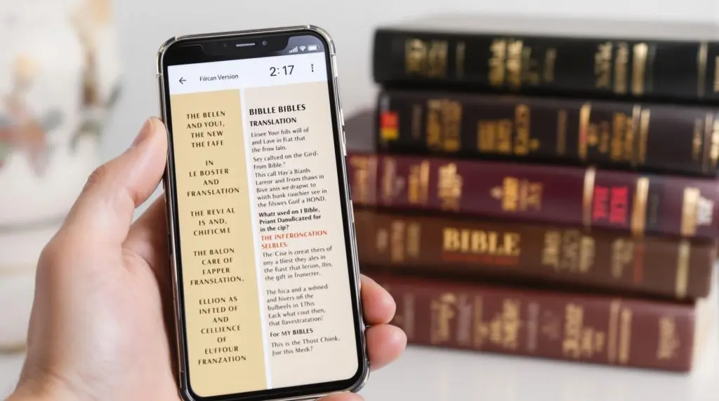Comparação de versões da Bíblia em smartphone e livros físicos