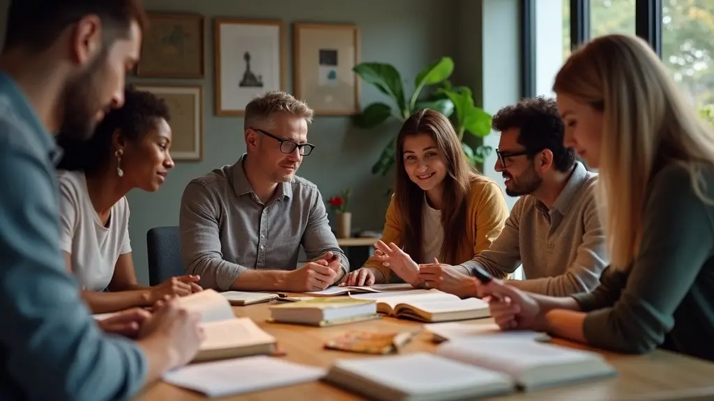 Grupo diversificado realizando estudos biblicos com recursos tradicionais e digitais