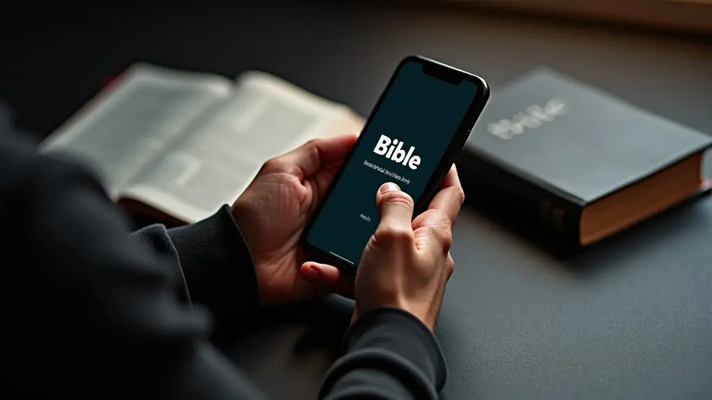 Maos segurando smartphone com aplicativo biblico e biblia fisica ao lado simbolizando estudos bíblicos